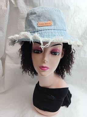 Light Blue Denim Frayed-Brim Bucket Hat
